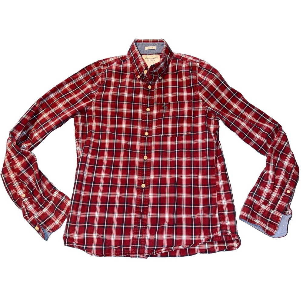 Abercrombie & Fitch Red Plaid Button Down Shirt Men's M Muscle Fit Cotton Cabin